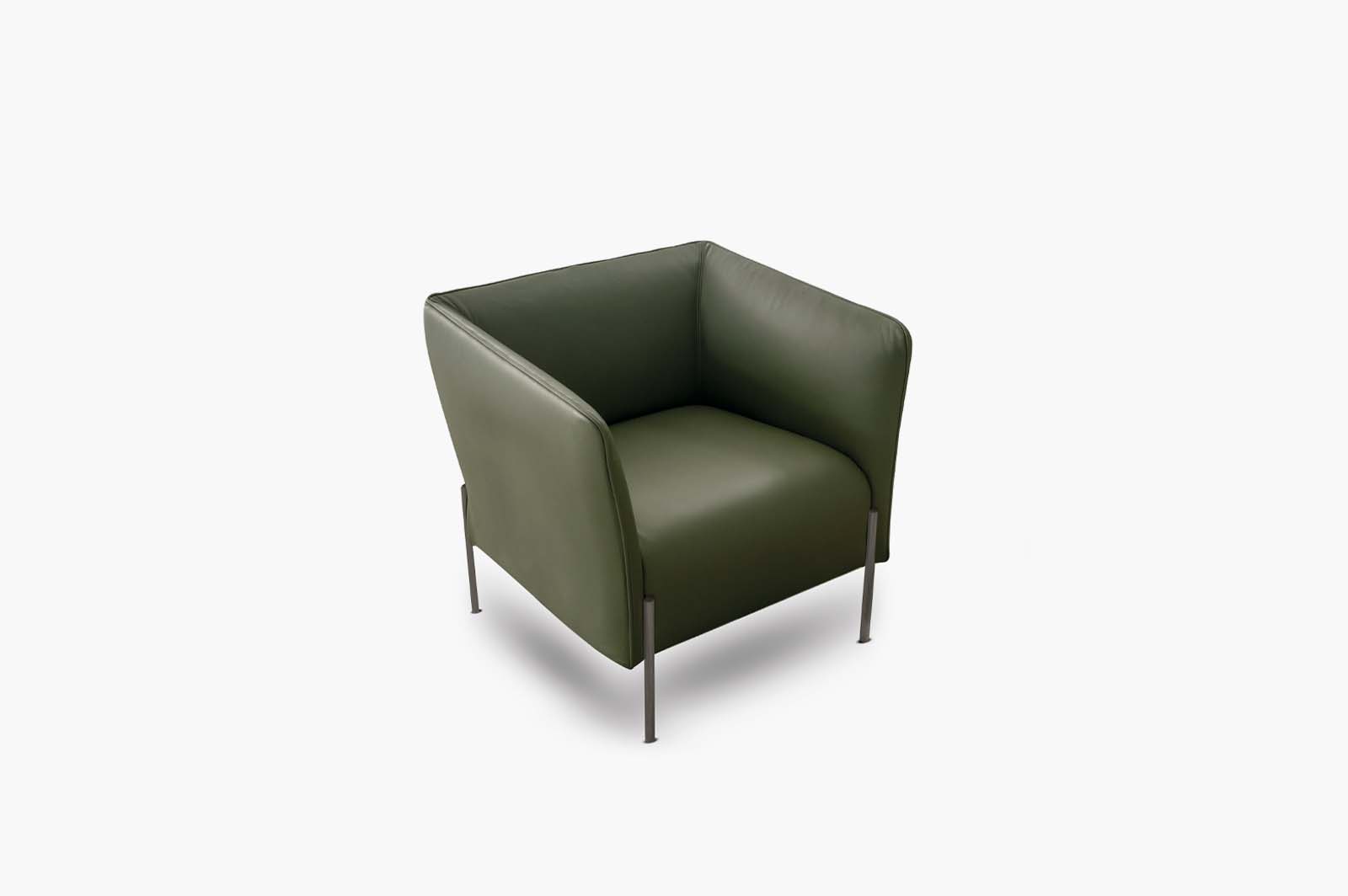 Presotto Dolly armchair — curved form with upholstered body and metal legs