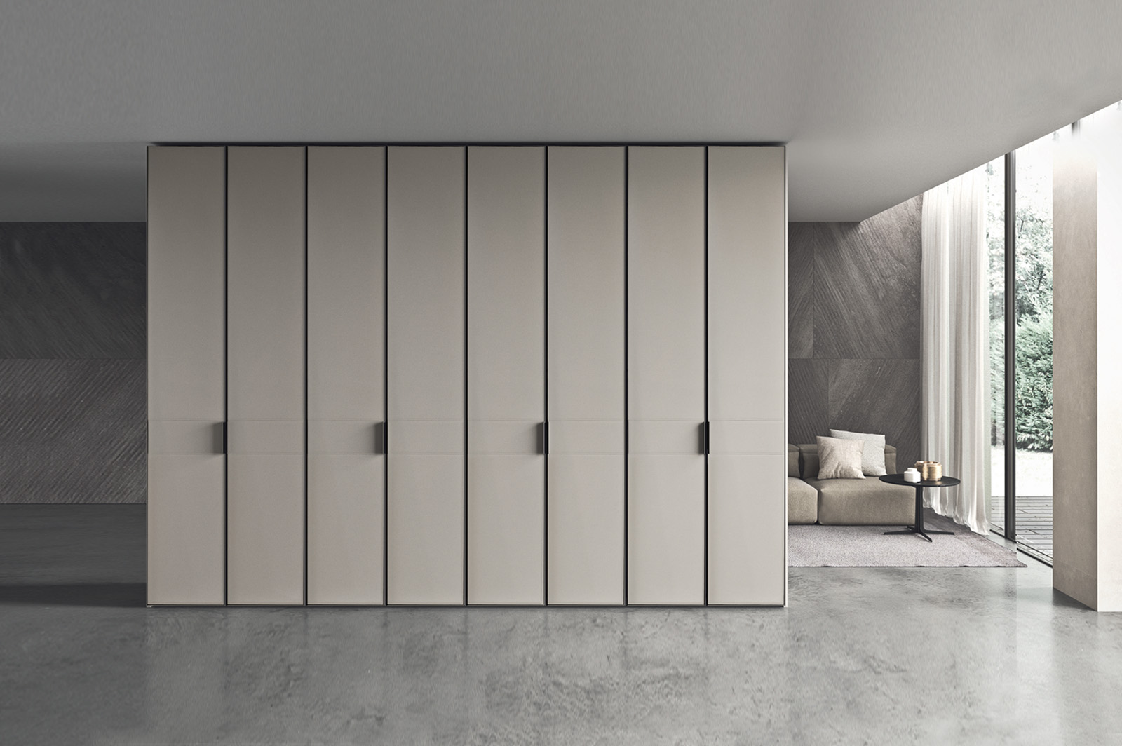 Naos wardrobe — timber veneer with brushed brass handles