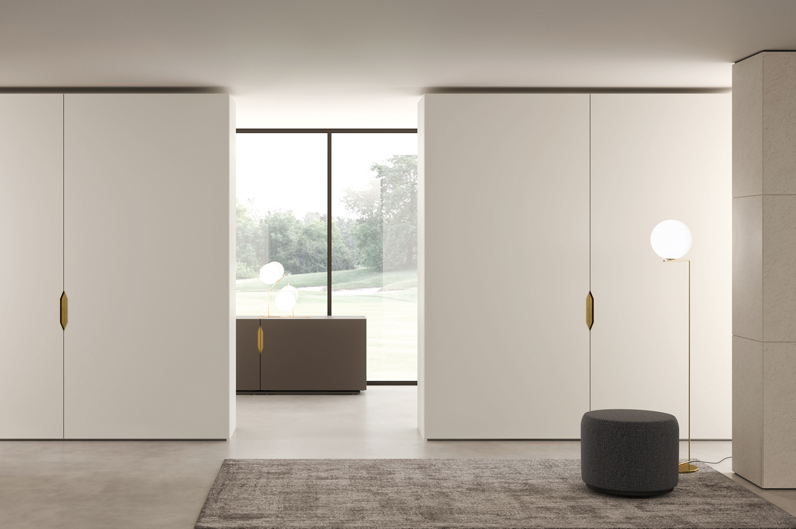 Full-height built-in wardrobe with matte lacquer doors and integrated handles