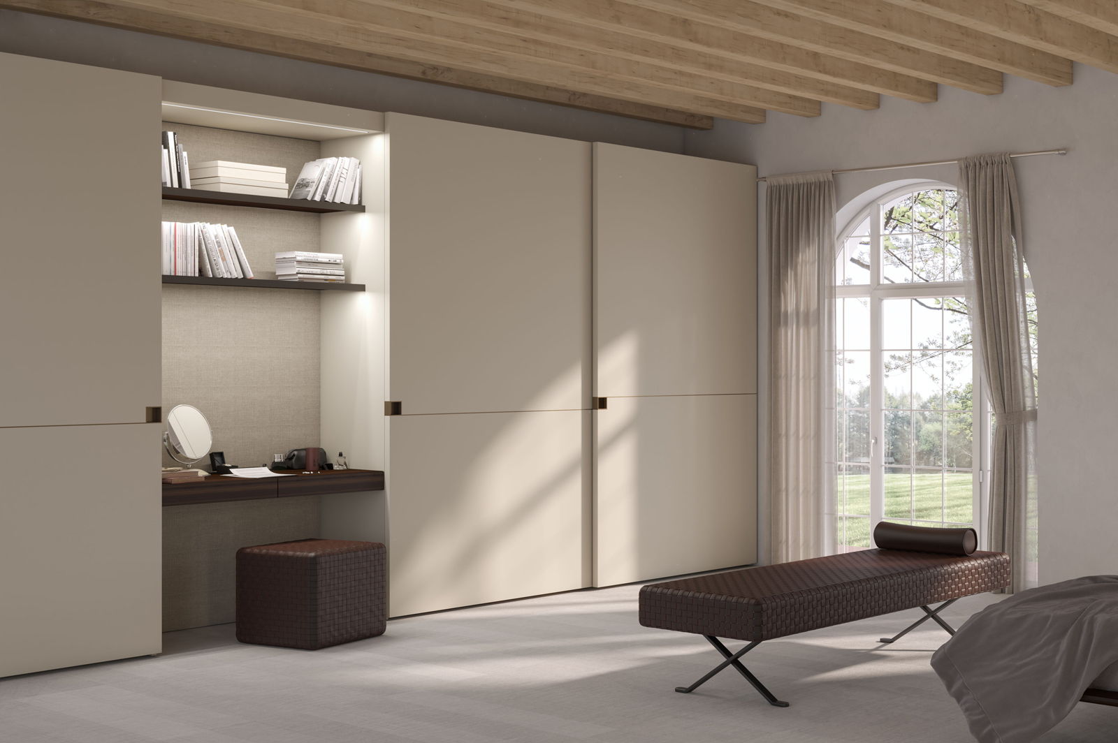 Glass-front wardrobe with frosted panels and LED interior lighting