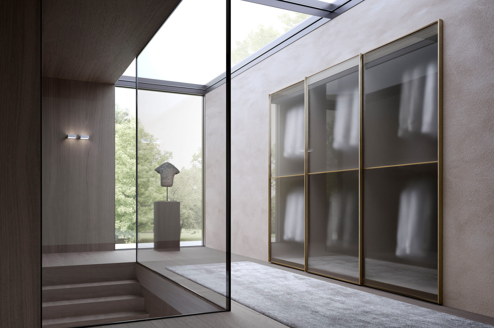 Naos wardrobe — timber veneer with brushed brass handles