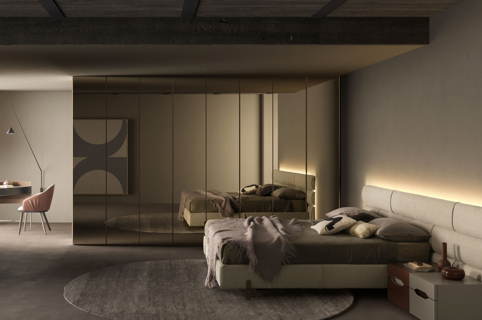 Glass panel wardrobe with integrated lighting