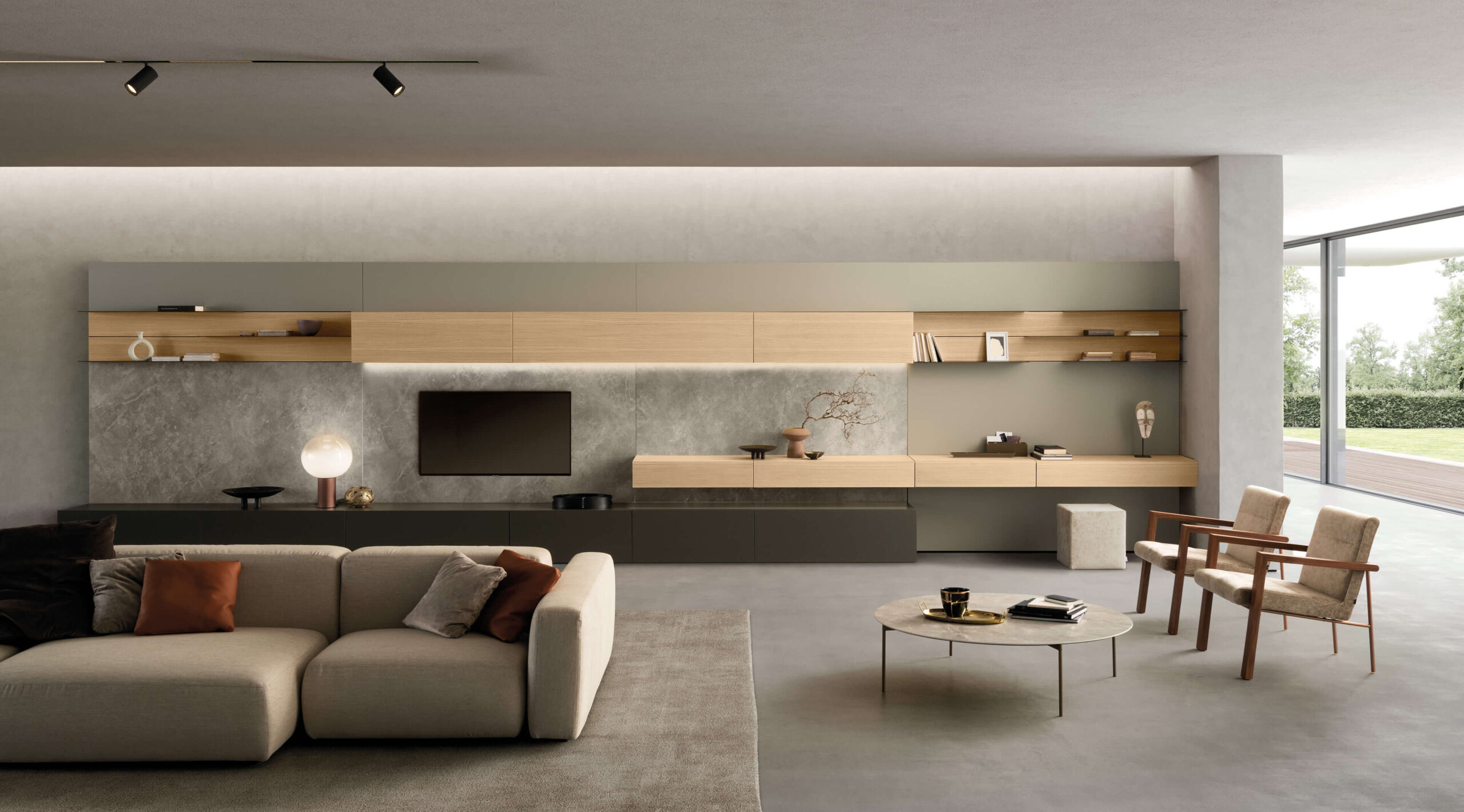 Modular wardrobe system with open shelving and display niches