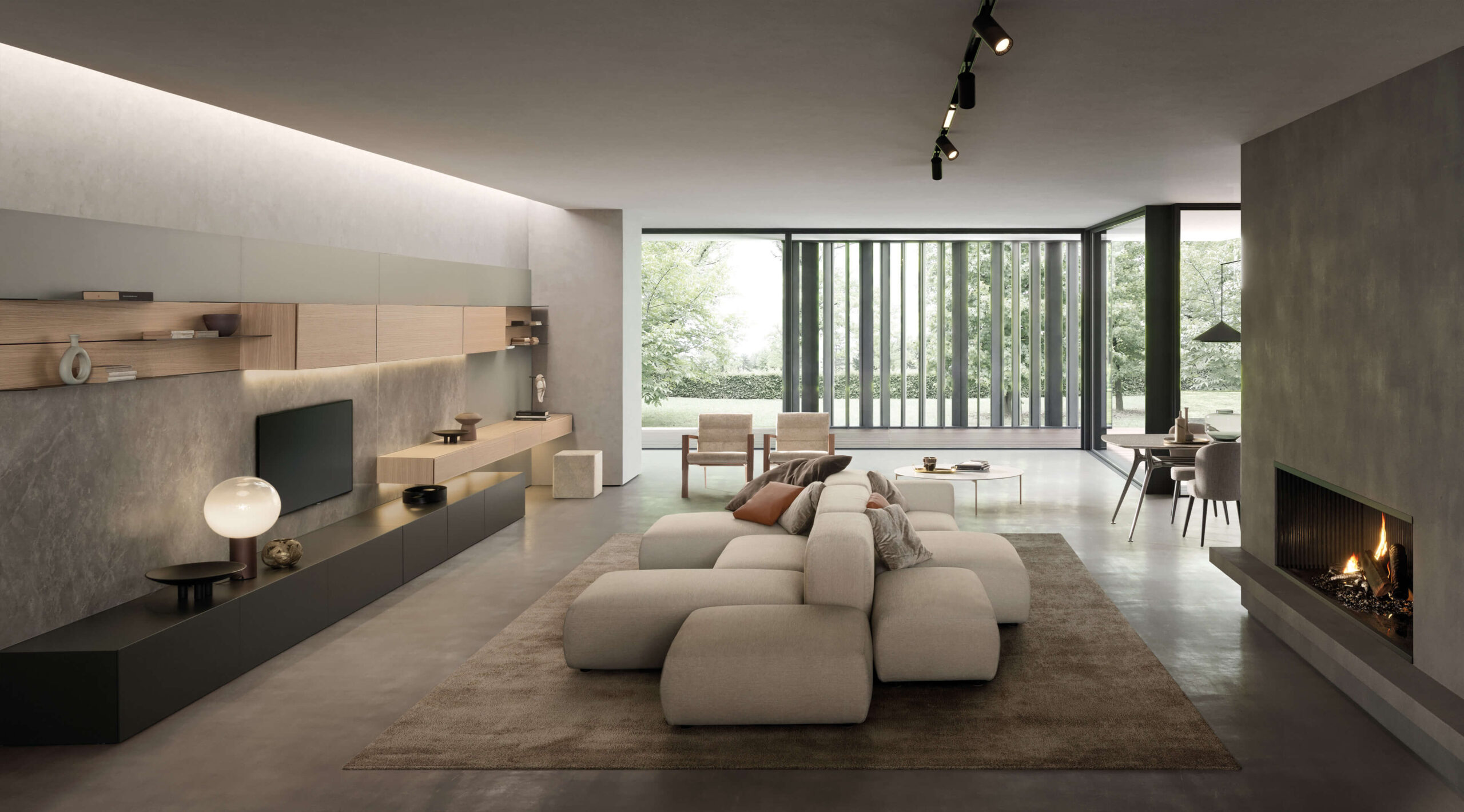 Walk-in wardrobe configuration with open and closed storage zones