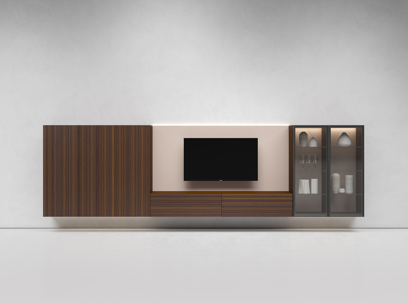 Walk-in wardrobe with timber veneer panels and soft lighting